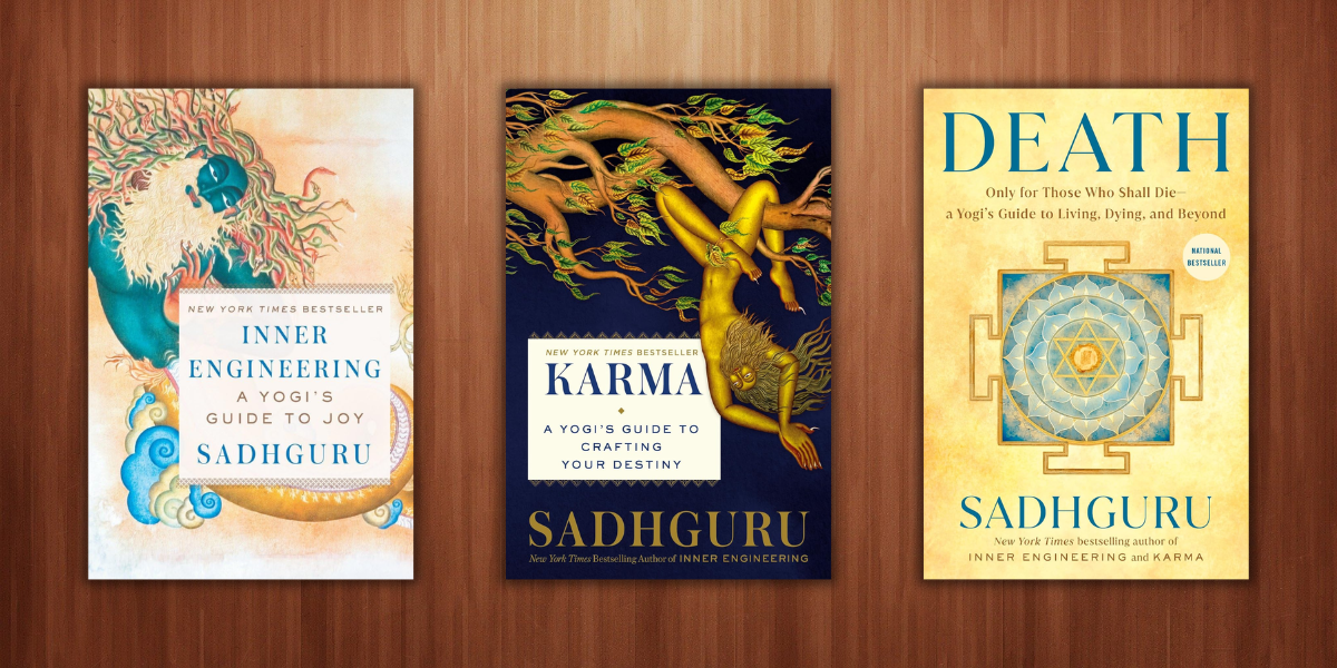 Three influential books by Sadhguru displayed together: Inner Engineering, Karma, and Death.