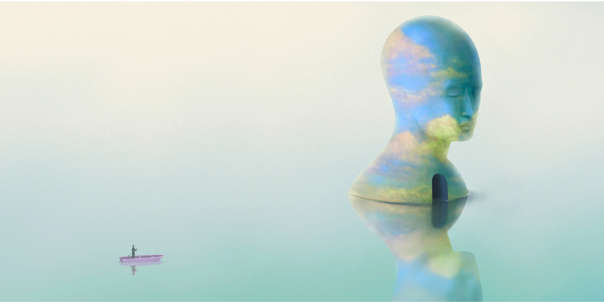 Surreal image of a large reflective human figure above calm water with a small person standing in a boat nearby.