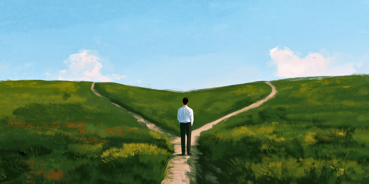 Illustration of a man standing at a forked path in a green landscape, facing two different directions.